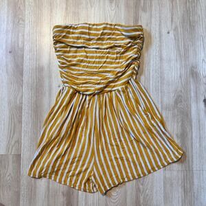 Heart & H Mustard White Stripe Ruched Strapless Romper Shorts Womens Size M